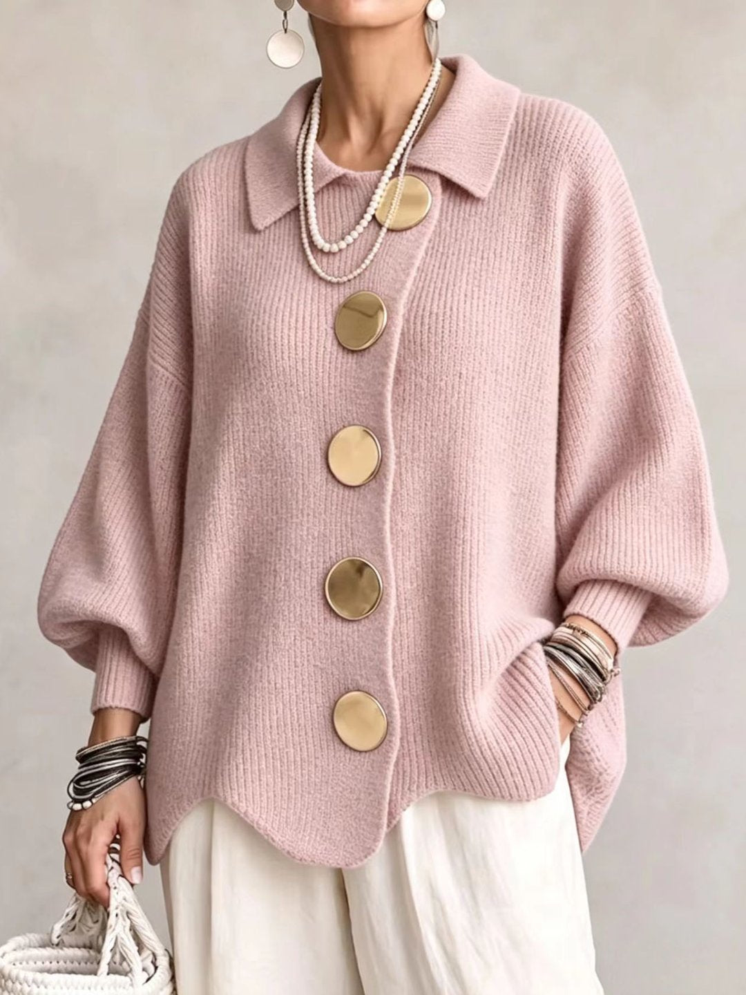 Stefania | Cardigan Oversize com Gola e Botões Metálicos