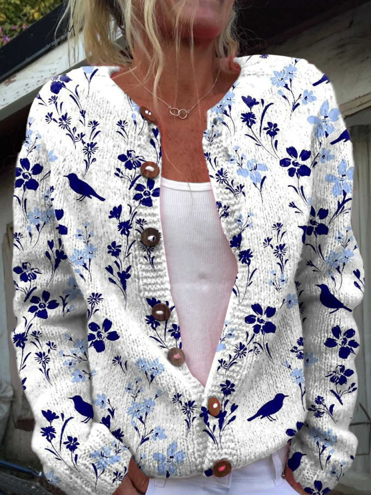 Rosario | Cardigan Vintage com Botões e Estampado Floral de Pássaros