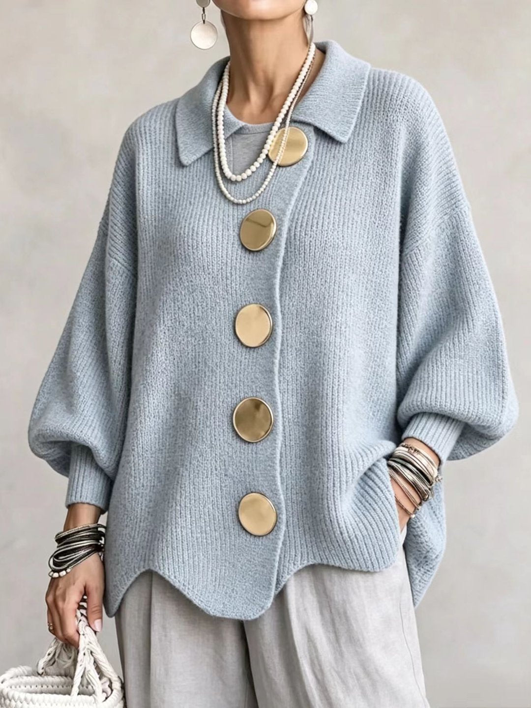 Stefania | Cardigan Oversize com Gola e Botões Metálicos