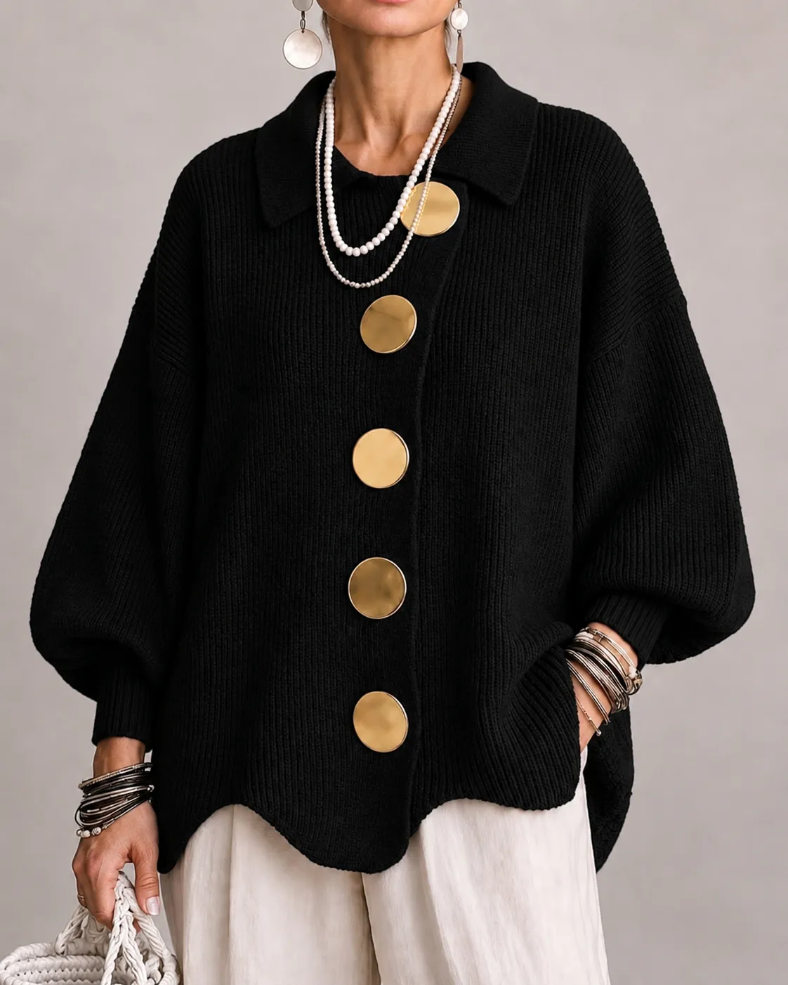 Stefania | Cardigan Oversize com Gola e Botões Metálicos
