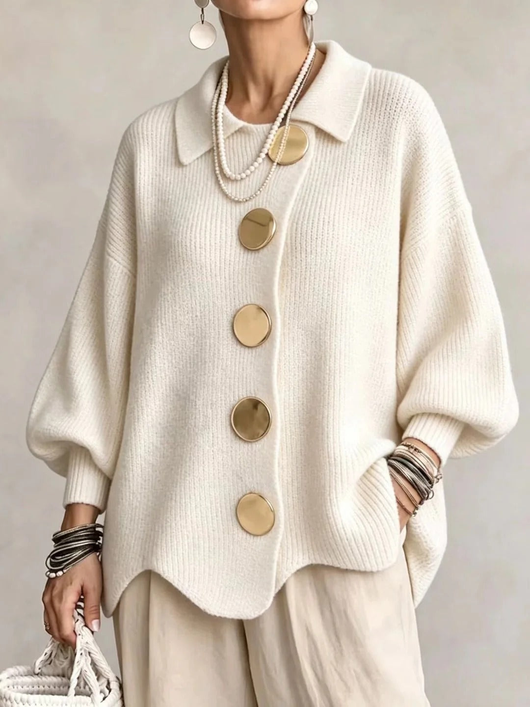 Stefania | Cardigan Oversize com Gola e Botões Metálicos