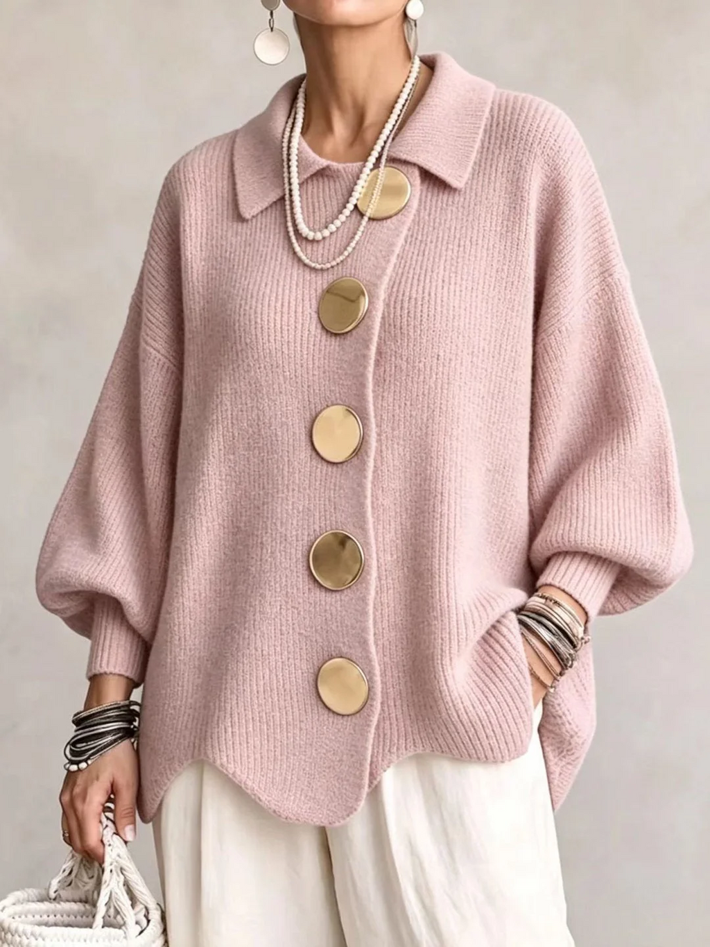 Stefania | Cardigan Oversize com Gola e Botões Metálicos