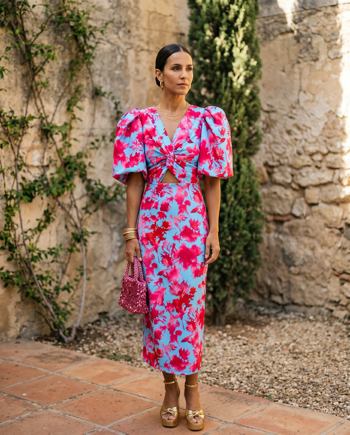 Carla | Vestido Midi Floral com Mangas Bufantes