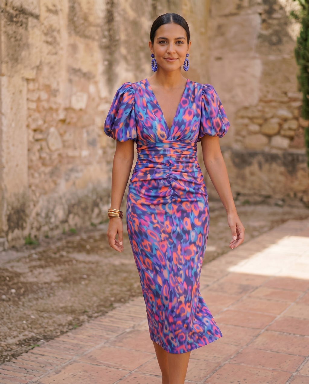 Carla | Vestido Midi Floral com Mangas Bufantes