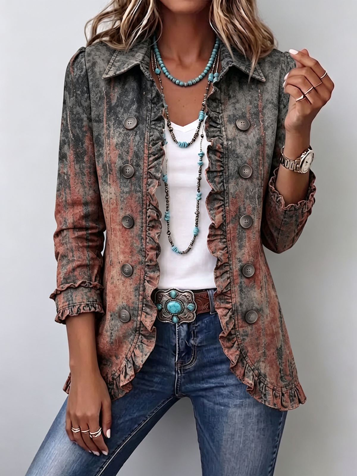 Flavia | Casaco Vintage Degradé Texturado com Folhos