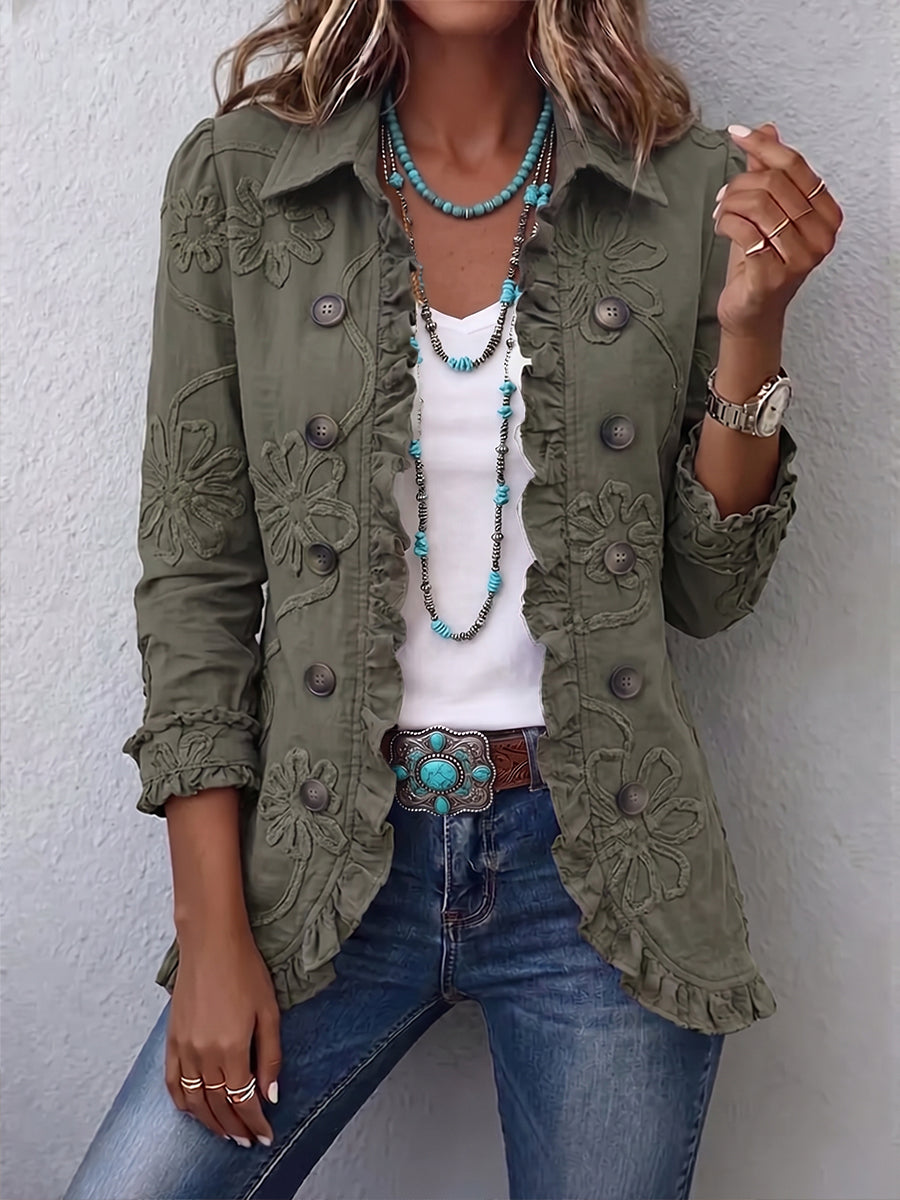 Alejandra | Casaco Boho-Chic com Bordado Floral e Acabamentos Franzidos