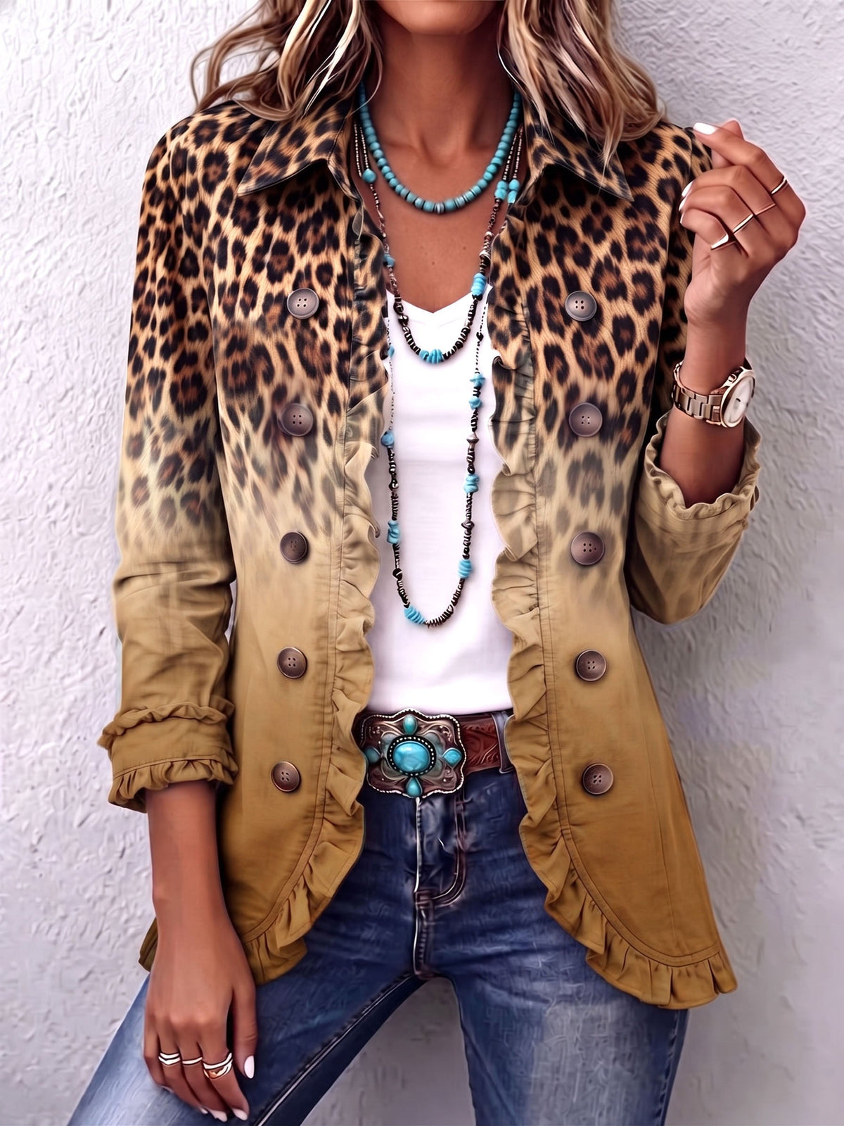 Paola | Blazer Leopardo Degradé com Folhos