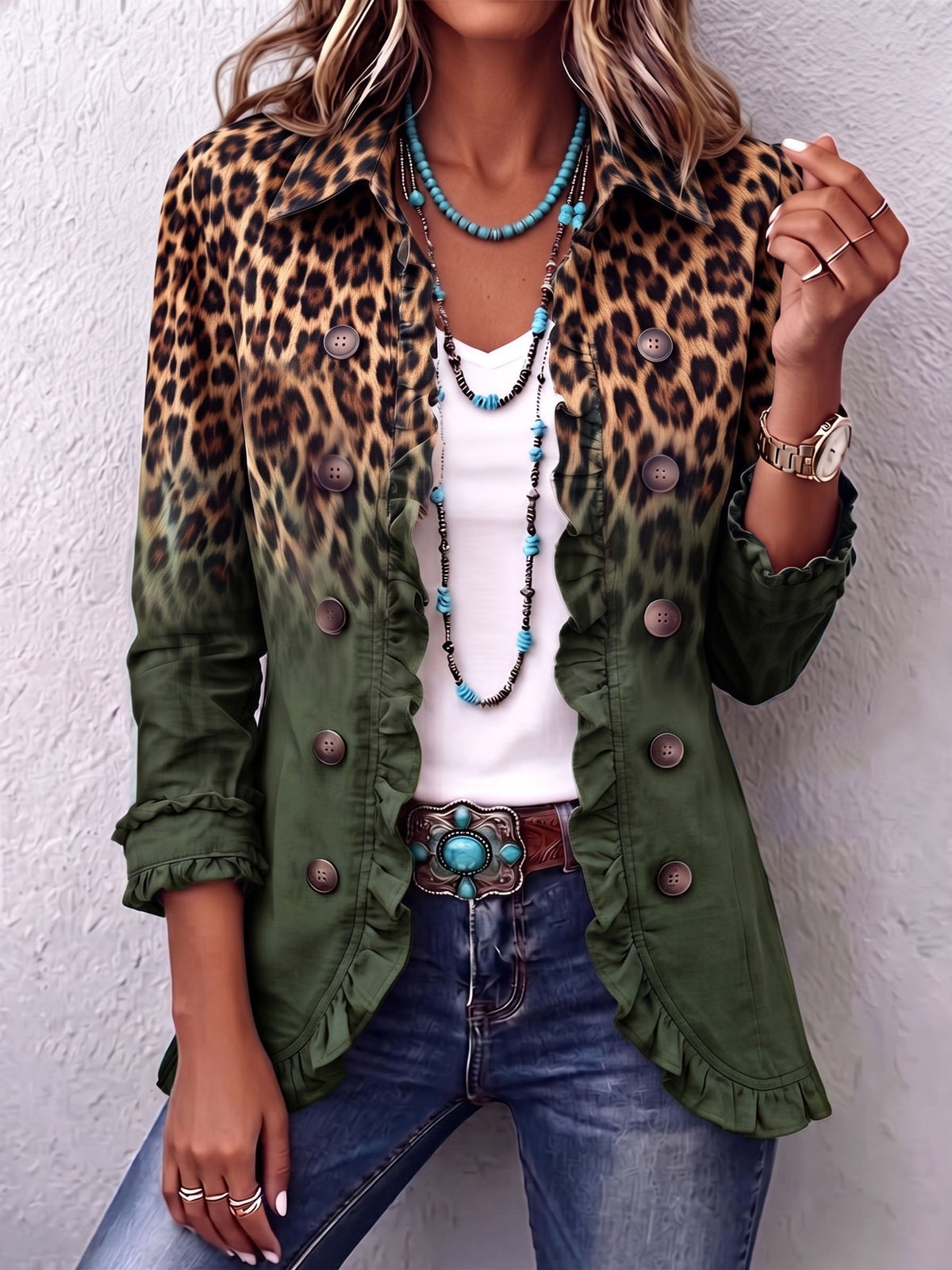 Ludovica | Blazer Leopardo Degradé com Folhos