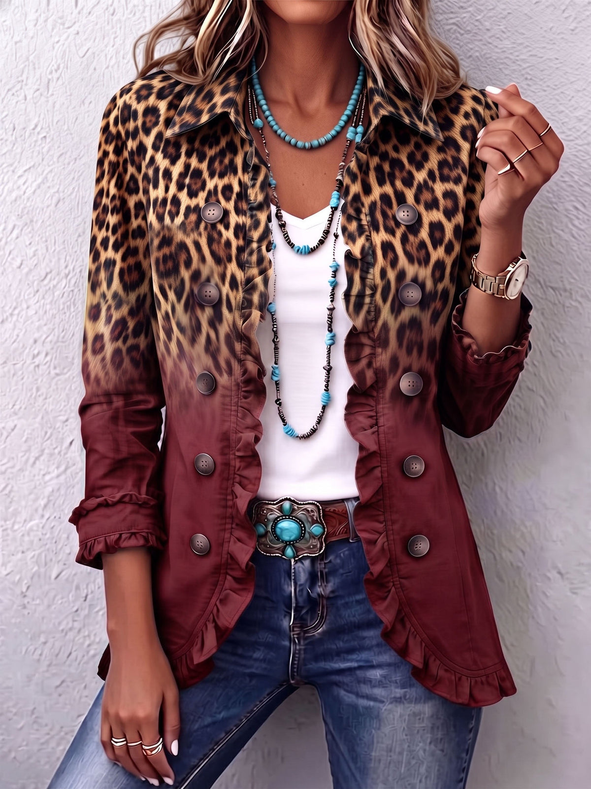Livia | Blazer Leopardo Degradé com Folhos